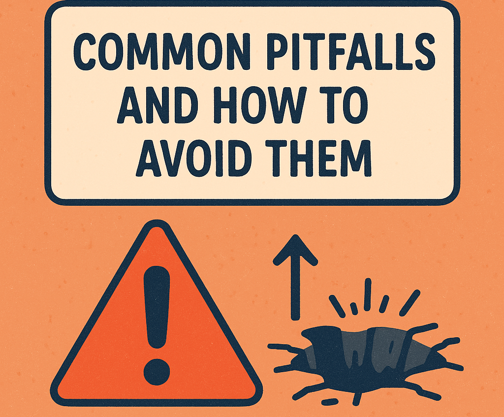 The image depicts a rectangular white sign with rounded corners displaying the bold text "COMMON PITFALLS AND HOW TO AVOID THEM" in dark navy blue. Next to it, there's a warning triangle with a red-orange background and a navy blue exclamation mark. Additionally, there's an illustration of a jagged pitfall hole, with an arrow pointing from the hole to the sign for visual emphasis.