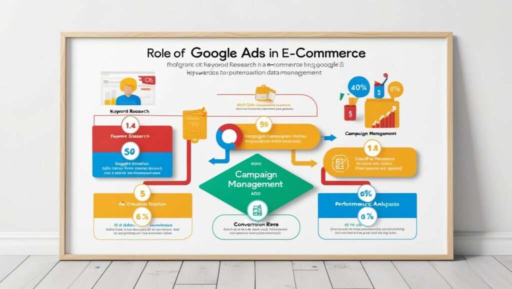 Detailed infographic explaining the 'Role of Google Ads in E-commerce' laid out in a structured flowchart with various elements like keyword research, ad creation, and performance analysis, using vibrant colors and clear text, framed in a light wood gallery style.