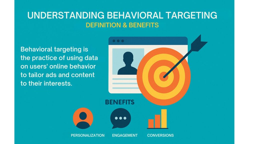 A flat-style digital infographic titled "Understanding Behavioral Targeting: Definition & Benefits." On the left, it defines behavioral targeting as using data on users’ online behavior to tailor ads and content to their interests. On the right, there's a browser window with a user silhouette and a large orange target with an arrow hitting the bullseye. At the bottom, three benefit icons are labeled: "Personalization," "Engagement," and "Conversions." The background is teal with clean, modern design elements.