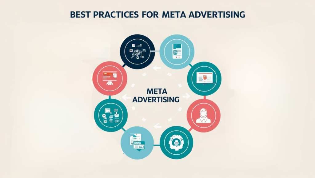 This infographic presents "Best Practices for Meta Advertising" arranged in a circular flow chart. The chart consists of six circles interconnected with arrows, each circle containing an icon representing different aspects of Meta advertising such as campaign setup, audience targeting, and content creation. The central circle says "Meta Advertising," highlighting the theme. The background is a subtle cream shade with the title in dark blue at the top.