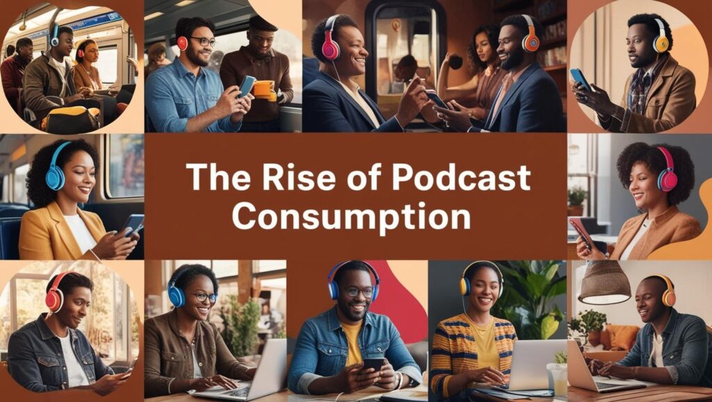 A warm-toned collage framed by curved beige and terracotta panels, centered on a chocolate-brown banner with bold white text reading “The Rise of Podcast Consumption.” Surrounding it are a dozen candid shots of diverse men and women—on trains, in cafés, and at home—each wearing colorful over‑ear headphones and smiling as they tap phones, type on laptops, or chat, illustrating various moments of podcast listening and engagement.