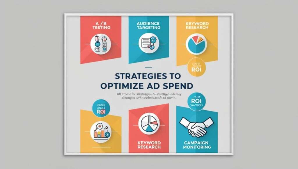 An infographic titled 'Strategies to Optimize Ad Spend' featuring six colorful blocks, each representing different marketing strategies such as A/B testing, audience targeting, keyword research, and campaign monitoring, displayed in a clean, modern style on a light gray background.