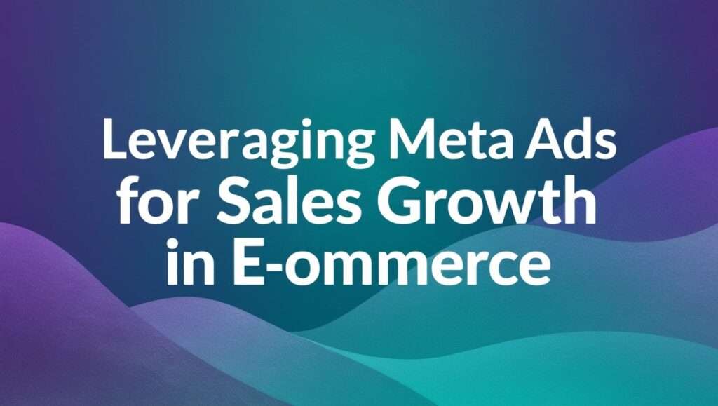 A digital graphic with the heading 'Leveraging Meta Ads for Sales Growth in E-commerce' set against a gradient purple background, emphasizing modern text styles and wave designs, suggesting a dynamic approach to e-commerce marketing.