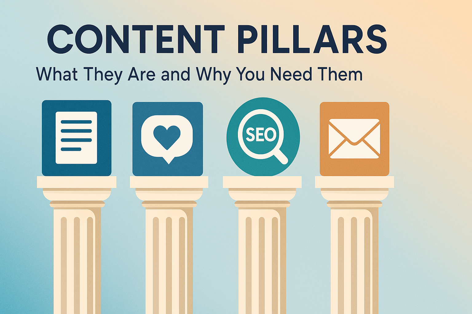 Featured image for a blog post titled “Content Pillars: What They Are and Why You Need Them,” showing four classical columns against a blue-to-orange gradient background, each topped with an icon (a document, a heart/chat bubble, an “SEO” magnifying glass, and an envelope), with the title text displayed prominently above.