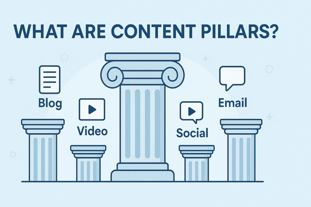 Illustration titled “What Are Content Pillars?” featuring a large central classical column surrounded by four smaller columns labeled “Blog,” “Video,” “Social,” and “Email,” set against a light blue background with subtle circular patterns.