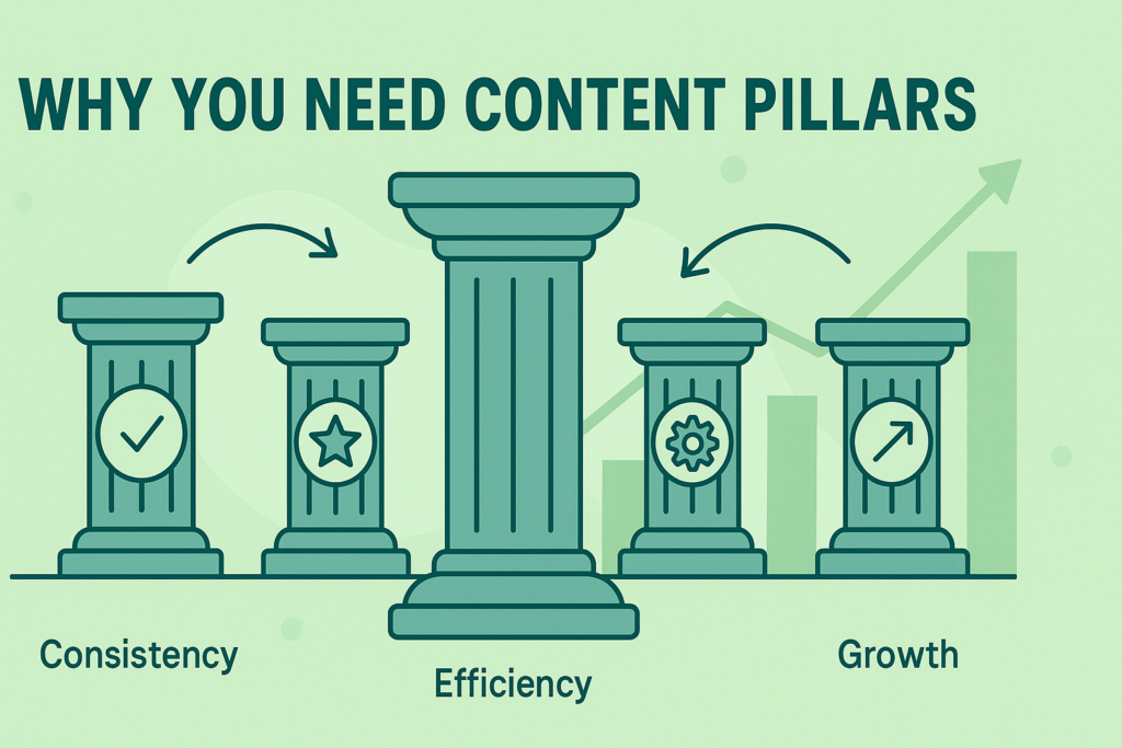 Illustration titled “WHY YOU NEED CONTENT PILLARS” featuring four classical-style pillars labeled “Consistency,” “Authority,” “Efficiency,” and “Growth,” each with a corresponding icon, and an upward-trending arrow chart in the background on a light green backdrop.