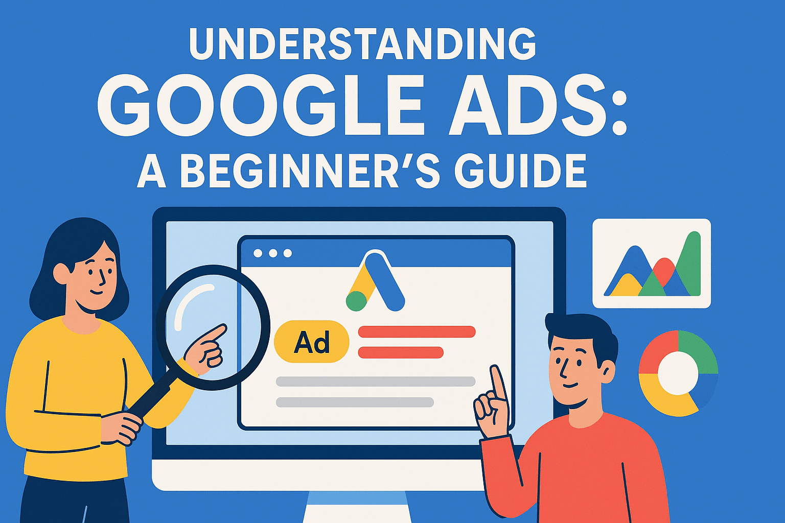 A flat-style digital illustration showing a computer monitor with the Google Ads logo and a highlighted “Ad” result on its screen. To the left, a woman holds a magnifying glass over the ad, and to the right, a man gestures upward. Behind them are stylized analytics charts—a line graph and a pie chart—against a blue background, with the title “Understanding Google Ads: A Beginner’s Guide” displayed above.