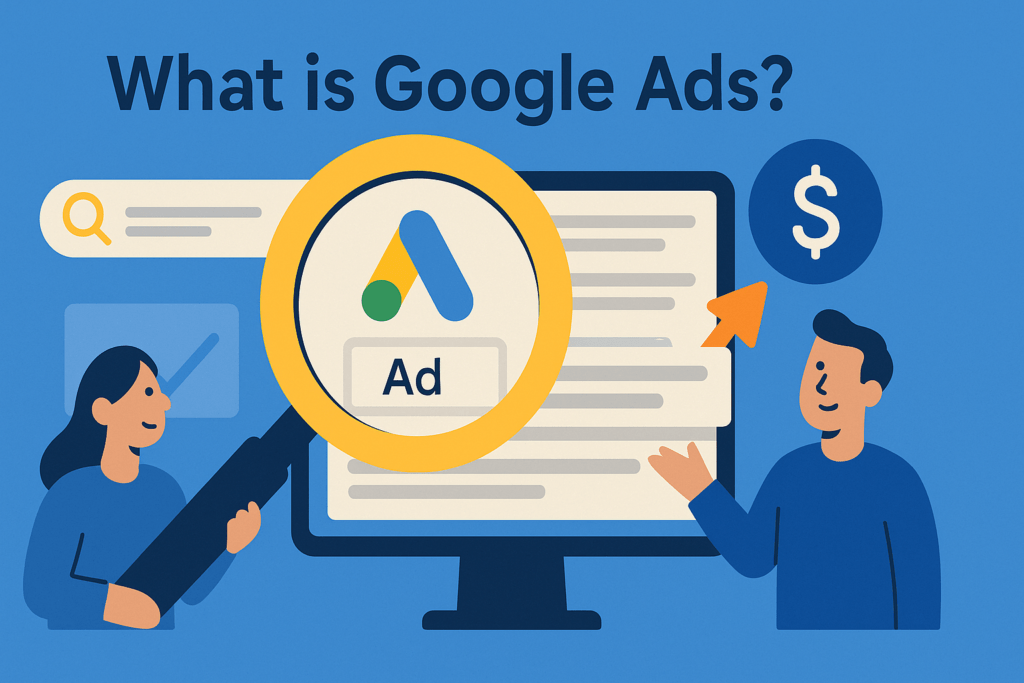 A flat-style digital illustration on a blue background with the heading “What is Google Ads?” at the top. In the center is a computer monitor displaying search results, with the Google Ads logo and a highlighted “Ad” result under a large yellow magnifying glass. To the left, a woman holds the magnifying glass, and to the right, a man gestures toward a round blue dollar-sign icon with an orange arrow pointing upward.