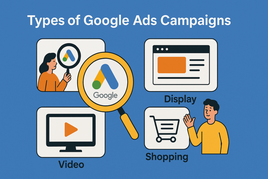A flat-style infographic on a blue background titled “Types of Google Ads Campaigns.” Below the title are four white rounded rectangles arranged in a grid: the top left shows a person holding a magnifying glass over the Google Ads logo labeled “Search,” the top right shows a browser window with a banner labeled “Display,” the bottom left shows a computer monitor with a play button labeled “Video,” and the bottom right shows a shopping cart icon labeled “Shopping.”