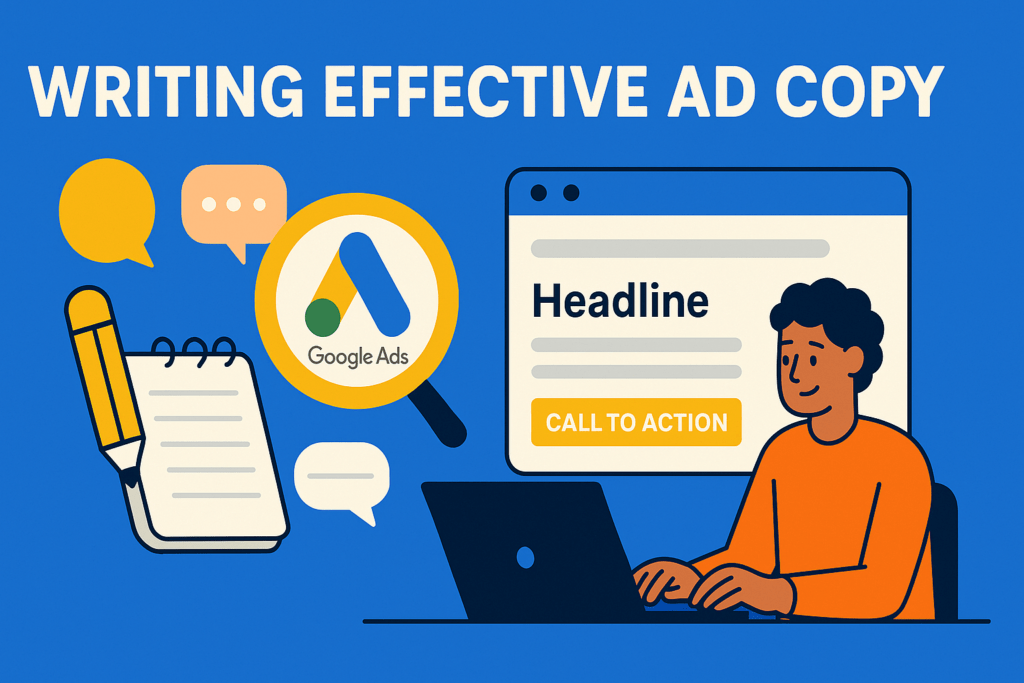A flat-style digital illustration on a blue background titled “Writing Effective Ad Copy.” On the right, a person in an orange shirt types on a laptop, facing a preview of an ad browser window showing “Headline” text and a yellow “Call to Action” button. On the left are icons of a notepad and yellow pencil, a large magnifying glass over the Google Ads logo, and several speech bubbles, all emphasizing the process of crafting compelling ad copy.