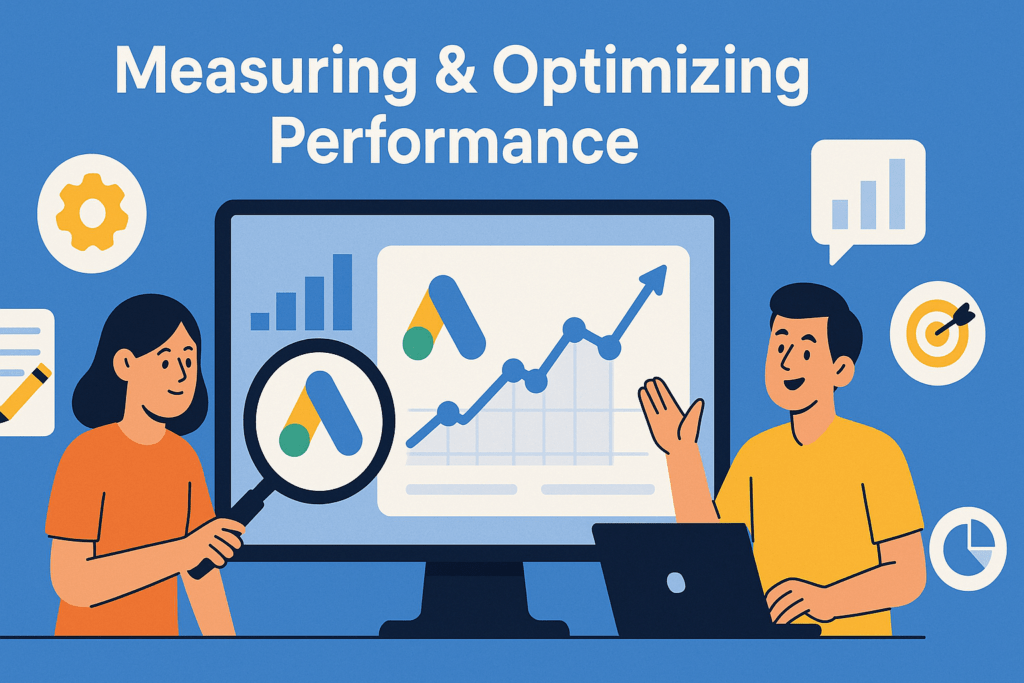 A flat-style digital illustration on a blue background titled “Measuring & Optimizing Performance.” Centered is a large computer monitor showing an upward-trending line graph with the Google Ads logo. To the left, a woman holds a magnifying glass over the screen; to the right, a man points at the graph while seated at a laptop. Surrounding them are icons for a gear, target, pie chart, and bar chart within speech bubbles, symbolizing analysis and optimization tools.