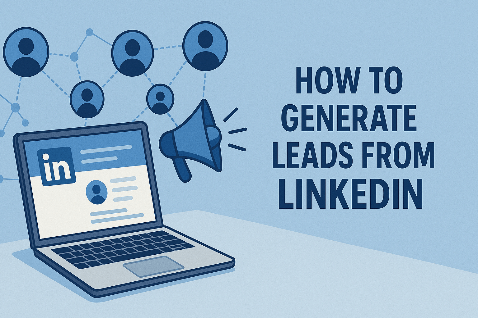 Illustration in flat shades of blue showing a laptop with the LinkedIn interface on its screen, network nodes and user avatars connected by dotted lines floating above, and a megaphone pointing toward dollar-sign icons; bold text reading “How to Generate Leads from LinkedIn” is positioned on the right side of the image.