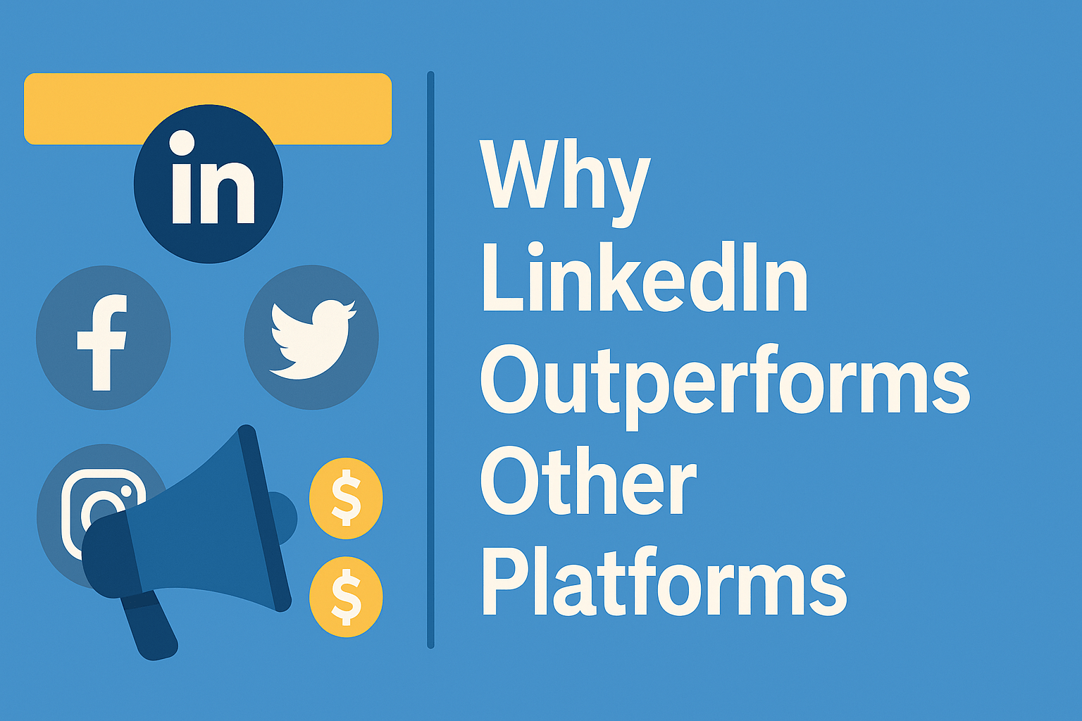 On a blue background divided by a vertical line, the left side shows a large LinkedIn logo above smaller, grayscale icons for Facebook, Twitter, and Instagram alongside a megaphone and two gold dollar‐sign coins; on the right side, bold white text reads “Why LinkedIn Outperforms Other Platforms.”