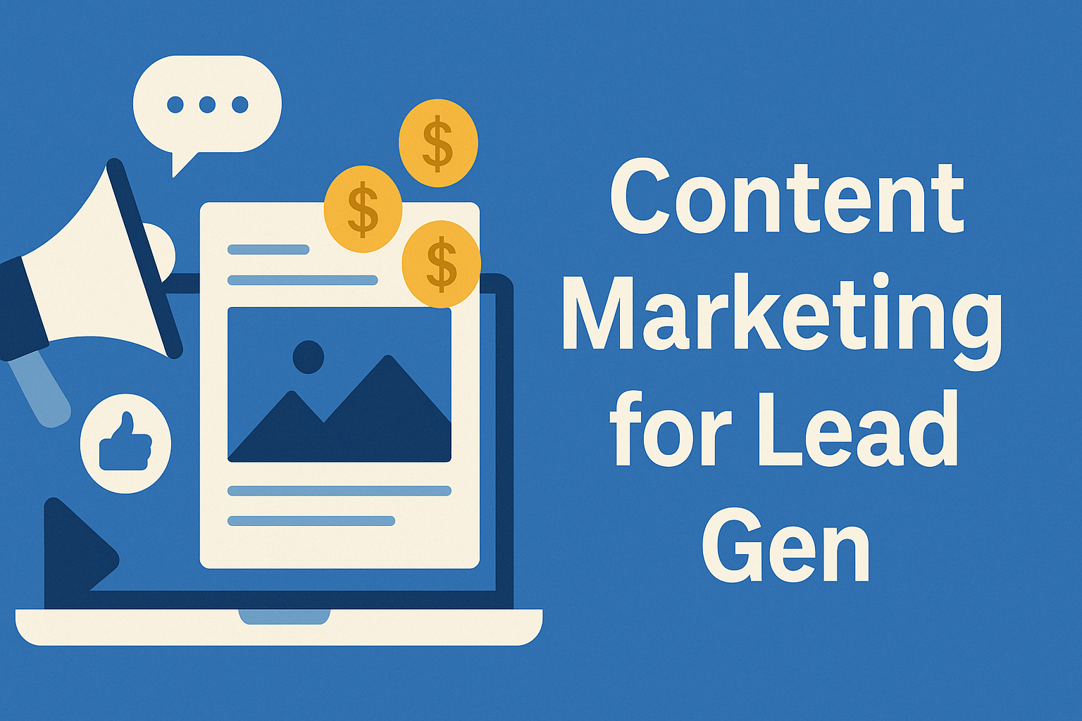 Flat-design illustration on a solid blue background showing a laptop with a large megaphone projecting content onto a screen; icons of a speech bubble, thumbs-up, play button, and gold coins float around the screen. Bold white text on the right reads “Content Marketing for Lead Gen.”