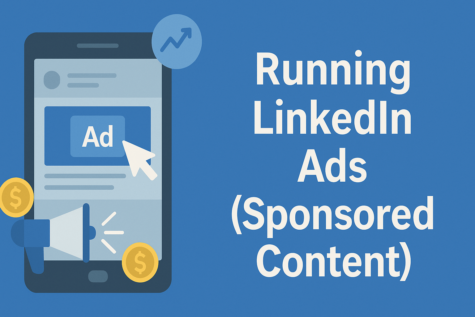 A flat-style 16:9 illustration split vertically: on the left, a smartphone screen shows a LinkedIn feed with a blue “Ad” card, a megaphone icon, and floating gold coins; on the right, bold white text on a solid blue background reads “Running LinkedIn Ads (Sponsored Content).”