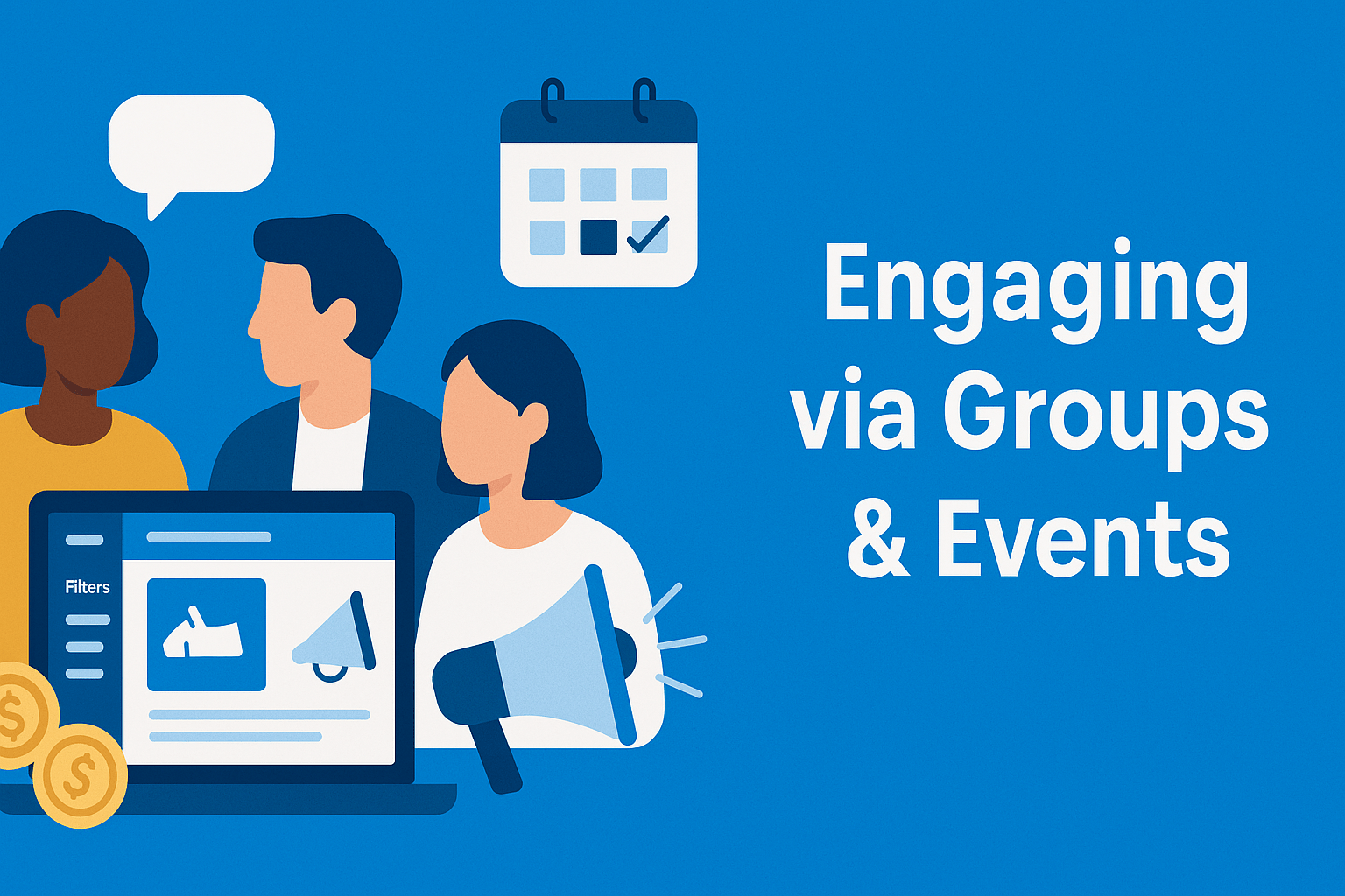 On a solid blue background, three diverse people stand behind a laptop displaying a LinkedIn‐style interface with a thumbs‐up icon and megaphone symbol. Above them floats a calendar with a checkmark. To the right, bold white text reads “Engaging via Groups & Events.”