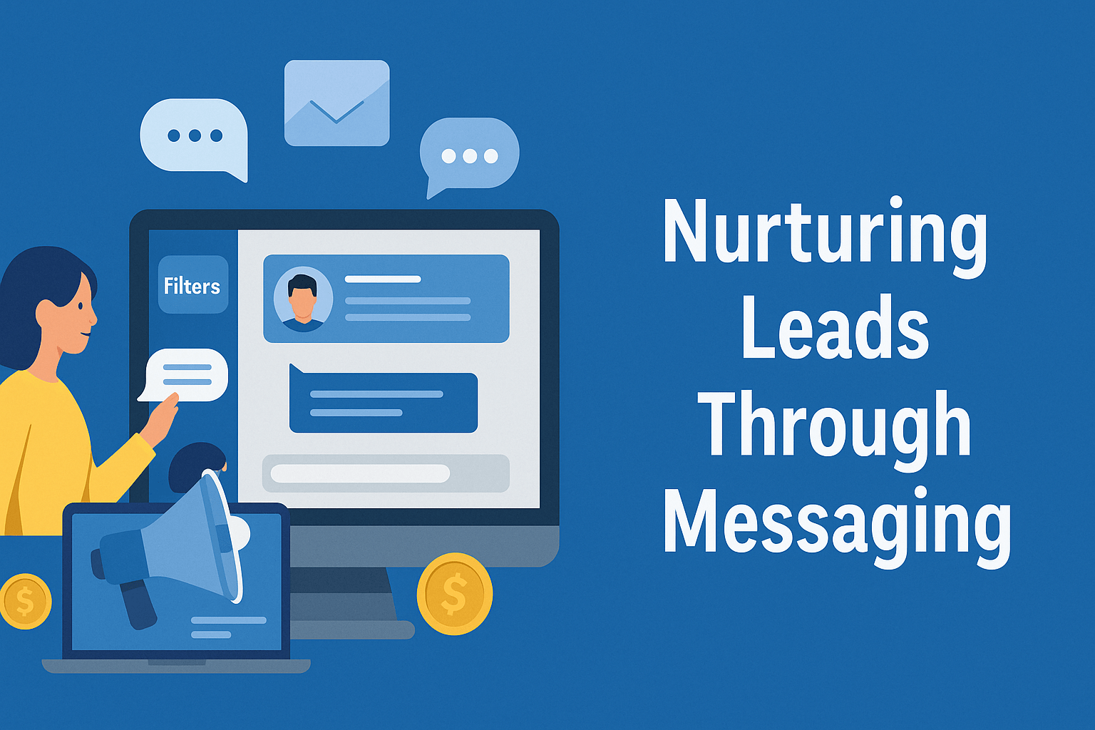 On a solid blue background, a woman in a yellow shirt points at a laptop displaying a LinkedIn‐style messaging interface with avatar icons and chat bubbles; above the laptop are floating message and email icons, and at the bottom a smaller laptop with a megaphone and coin symbols; to the right, large white text reads “Nurturing Leads Through Messaging.”