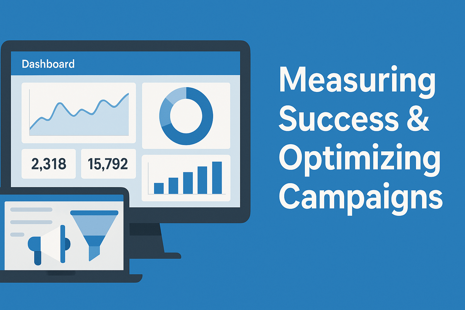 A flat-style 16:9 illustration on a blue background: on the left, a dark-gray desktop monitor displays a “Dashboard” with a line graph, pie chart, bar chart, and numeric stats, and in front sits a smaller laptop screen showing a megaphone icon and funnel symbol; on the right, bold white text reads “Measuring Success & Optimizing Campaigns.”
