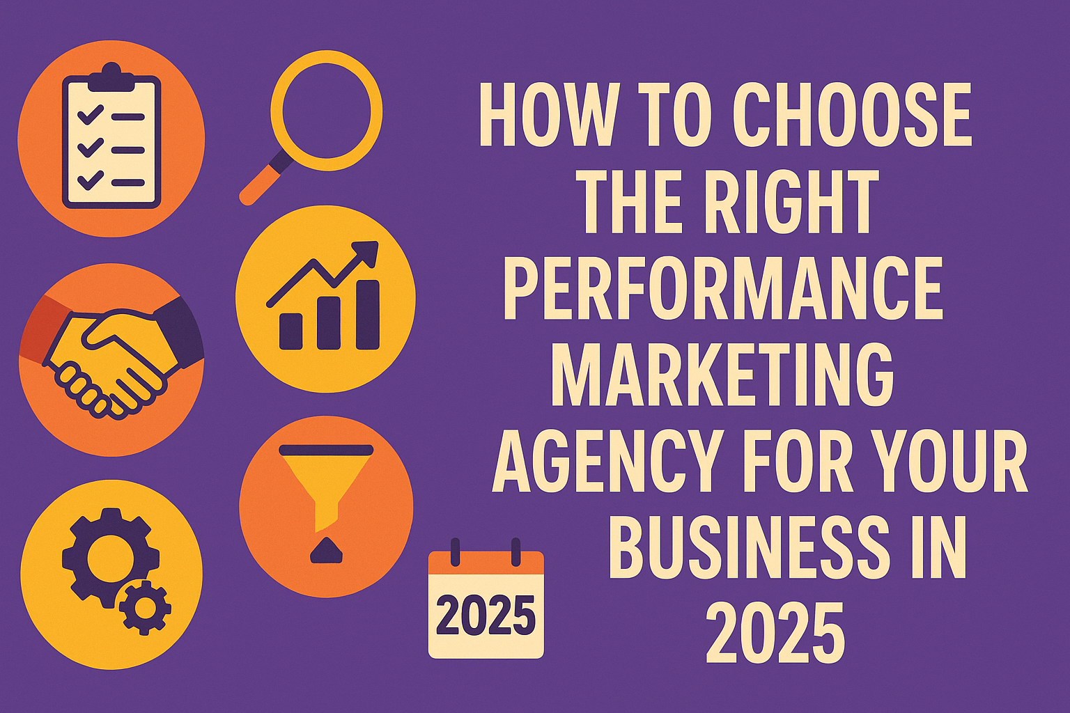 “Flat-style 16:9 illustration on a purple background titled in large cream text: ‘HOW TO CHOOSE THE RIGHT PERFORMANCE MARKETING AGENCY FOR YOUR BUSINESS IN 2025.’ On the left are six warm-toned circular icons arranged in two columns of three: a checklist on a clipboard, a magnifying glass, a handshake, a rising bar chart, interlocking gears, and a funnel, with a small 2025 calendar icon below. Each icon represents a step in evaluating and selecting an agency.”