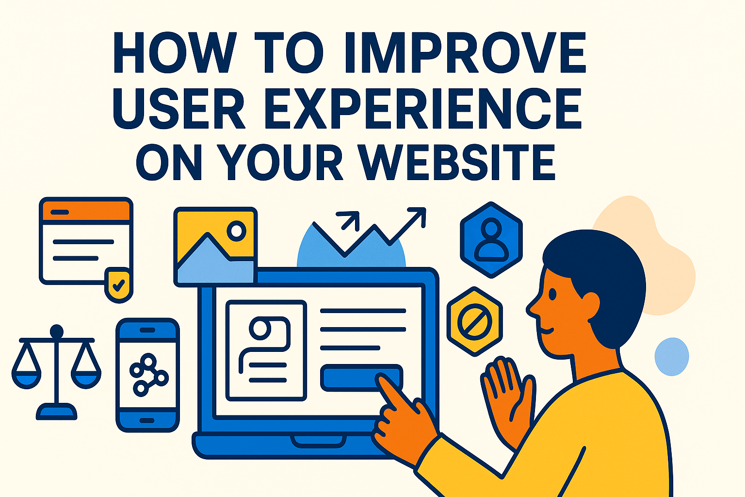 A wide 16:9 flat-style illustration on a warm cream background. At the top center, bold navy-blue text reads “HOW TO IMPROVE USER EXPERIENCE ON YOUR WEBSITE.” Below, a person with orange skin and navy hair faces left, pointing at a blue-outlined laptop displaying a simplified webpage wireframe with a call-to-action button. To the left of the laptop are icons representing key UX elements: a navy and orange browser window with a check mark, a navy and yellow smartphone with connected nodes on its screen, and a navy balance scale. Abstract yellow and peach shapes float behind the elements, all rendered in clean navy outlines with orange and yellow fills.