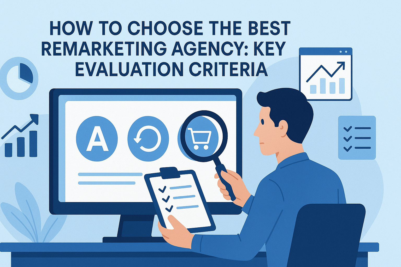 A digital illustration of a marketing professional seated at a desk, holding a magnifying glass in one hand and a checklist on a clipboard in the other, as he examines remarketing-related icons (including a shopping cart and retrace arrows) displayed on a large computer monitor; surrounding him are floating business graphics such as a pie chart, upward-trending bar graphs, and a checklist, all set against a soft blue background.