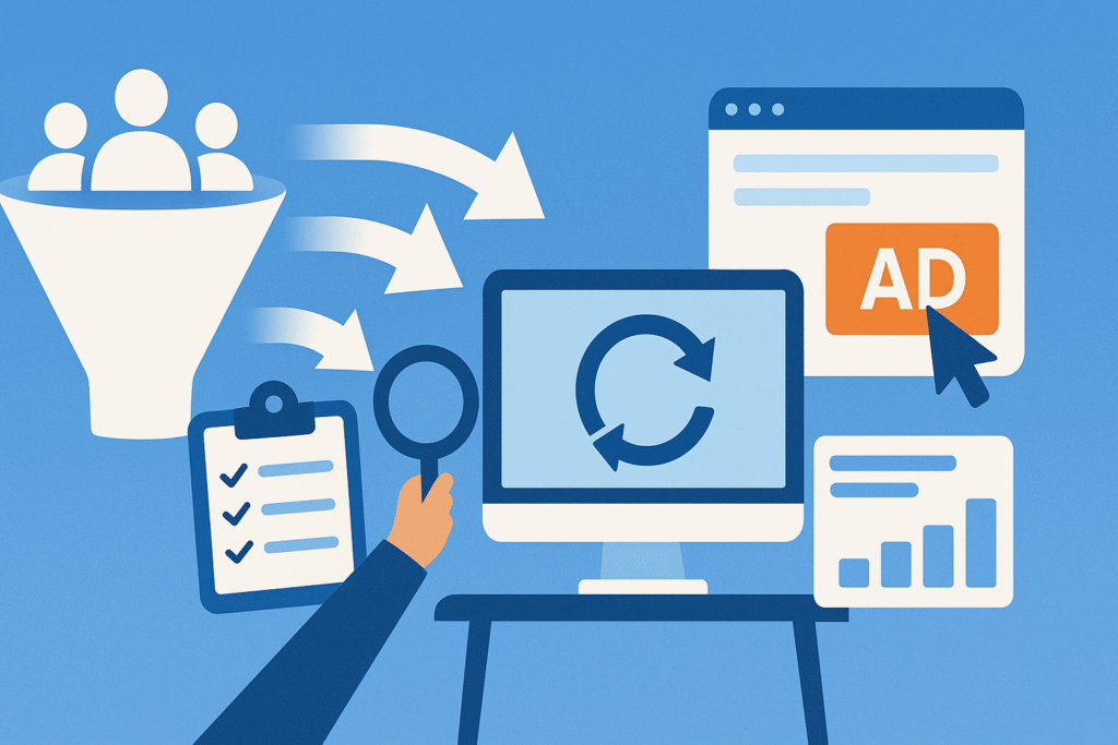 A flat-style digital illustration showing a large funnel on the left with three simplified user icons inside, arrows flowing from the funnel toward a desktop computer in the center displaying a circular remarketing icon; to the right of the computer is a browser window with an “AD” button and a cursor icon, and below is a small bar chart. A hand holding a magnifying glass and a clipboard with a checklist appears in front of the computer, all set against a solid blue background.