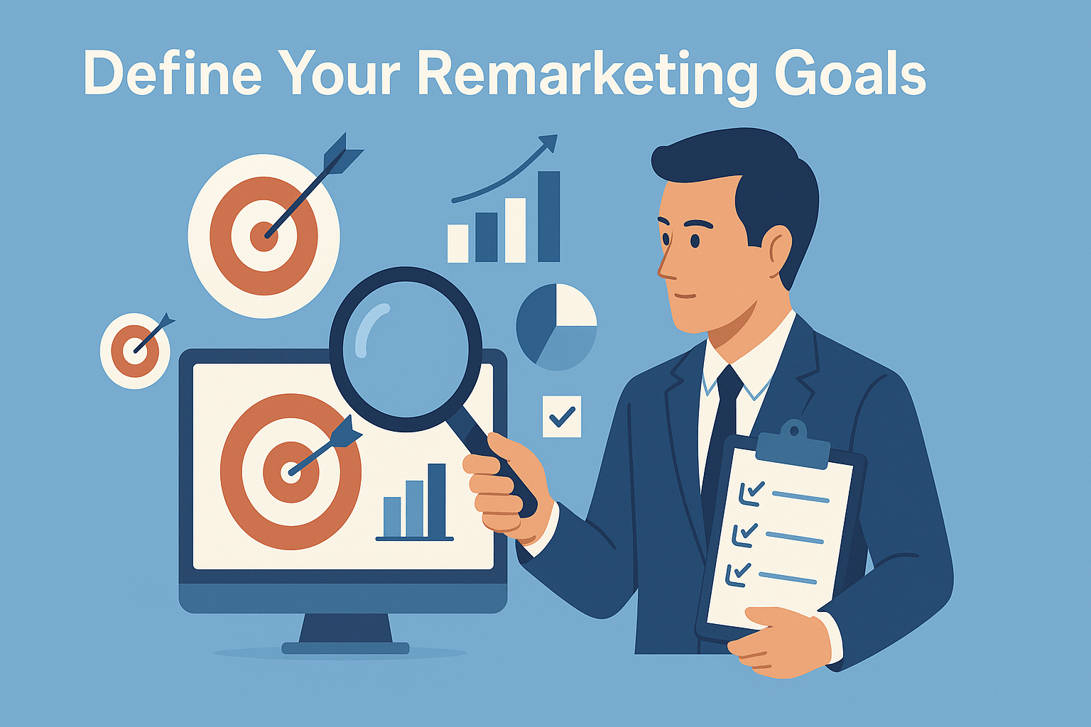 A flat-style digital illustration of a business professional wearing a navy suit, standing to the right and holding a clipboard with checkboxes in one hand and a magnifying glass in the other, focused on a desktop computer screen in front of him that displays a large red-and-white target with an arrow at its center; floating around the screen are visual elements—a larger target with an arrow, a smaller target, a rising bar chart with an upward arrow, a blue-and-white pie chart, and a small checkbox icon—against a solid light blue background.