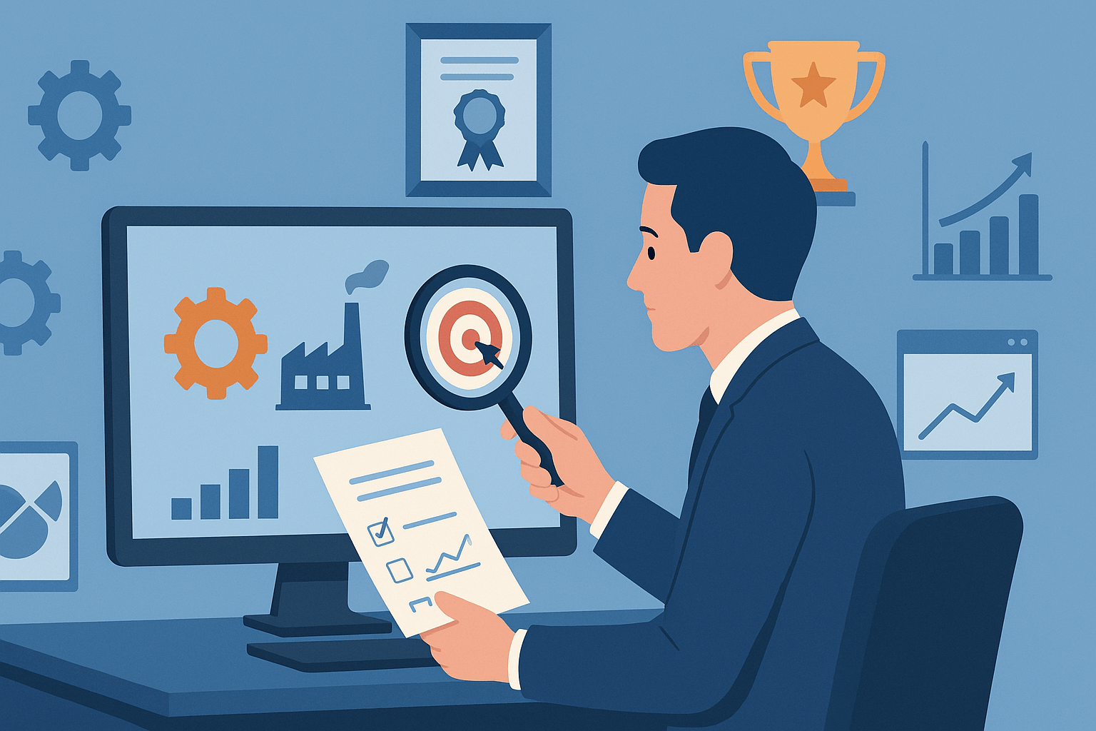 A flat-style digital illustration of a business professional wearing a navy suit, seated at a desk and holding a magnifying glass in one hand and a report with charts and checkmarks in the other, as he examines a computer monitor displaying a factory icon, a gear, and a target symbol; behind him on the wall are a framed certificate and a trophy, and floating around are additional upward-trending bar charts and industry gears.