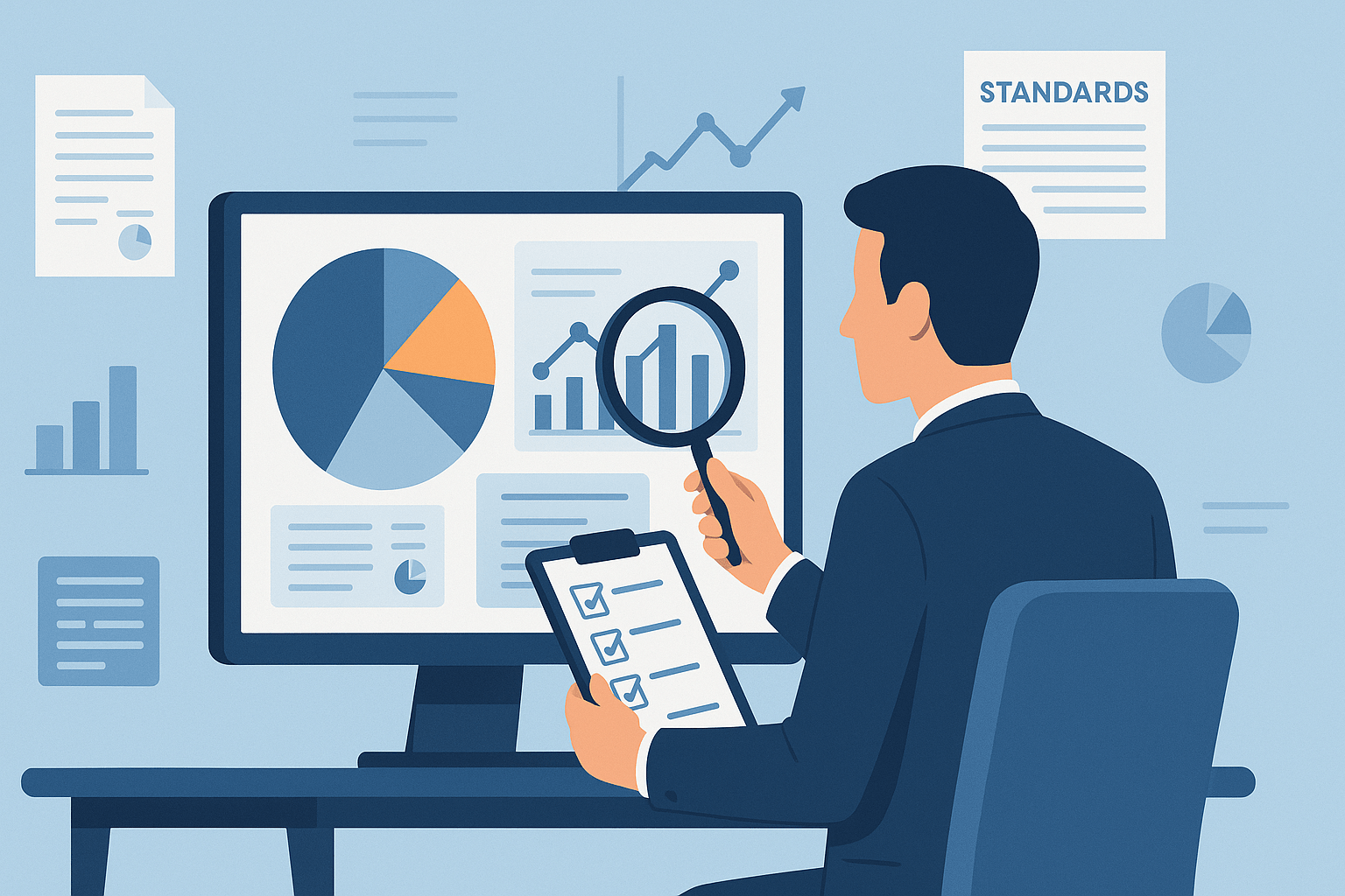 A flat-style digital illustration of a business professional wearing a dark navy suit, seated at a desk and holding a magnifying glass in one hand and a clipboard with checkboxes in the other, as he examines a desktop monitor displaying a large pie chart segment, a bar chart with rising columns, and a line graph; surrounding him are floating documents and icons—a “STANDARDS” paper, additional bar and pie charts, and subtle data symbols—against a light blue background.