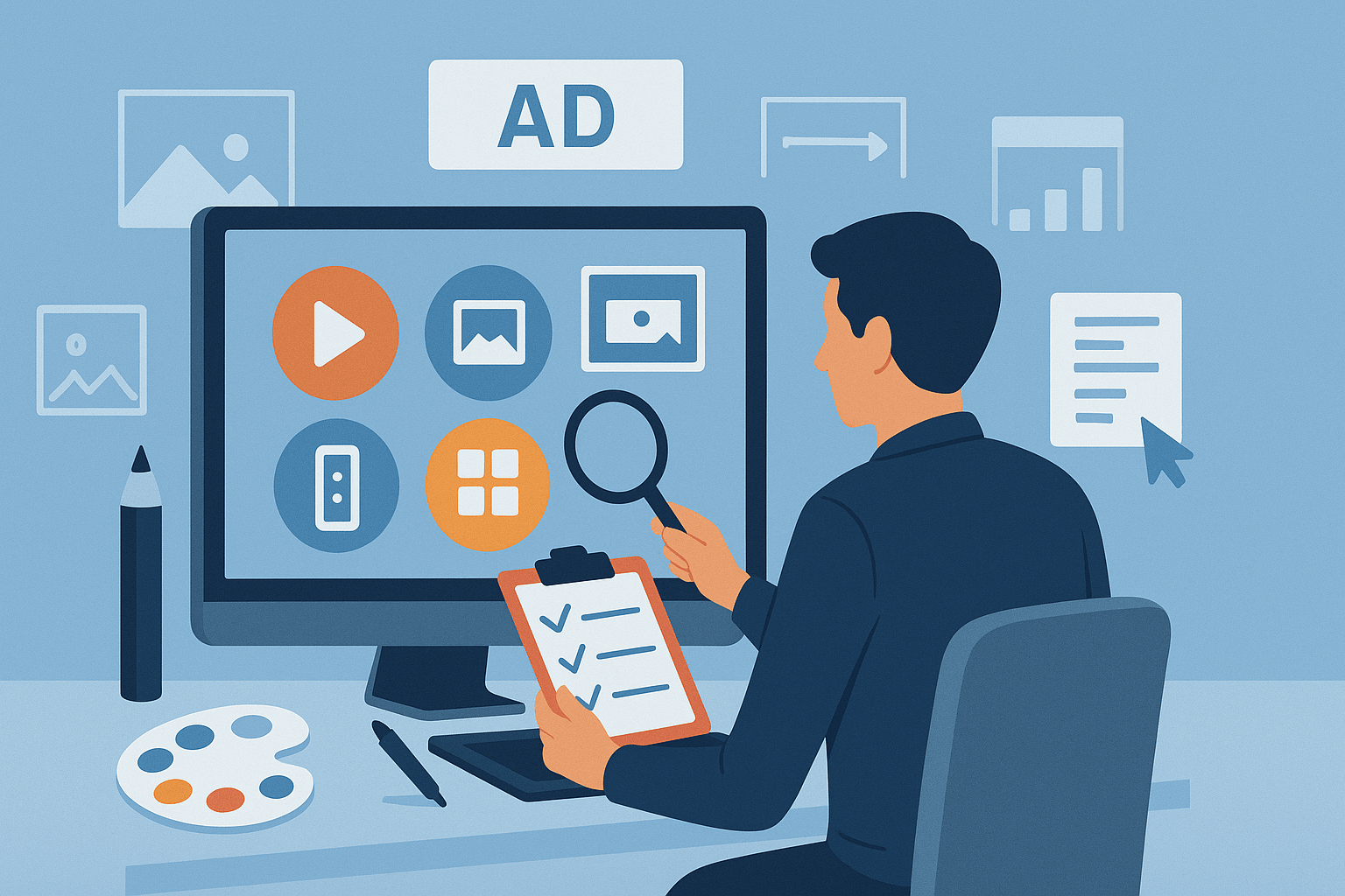 A flat-style digital illustration of a designer seated at a desk holding a clipboard with checkmarks and a magnifying glass, viewing a widescreen monitor showing circular icons for video ads, image ads, carousel ads, and mobile banner ads; a graphics tablet, pencil, and painter’s palette sit on the desk, with floating design and data elements in the light-blue background.