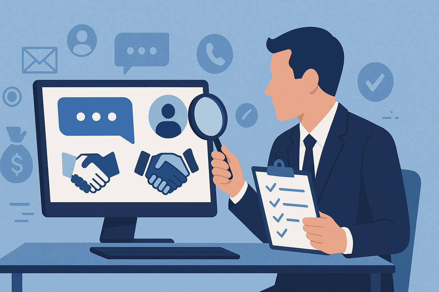 A flat-style digital illustration of a business professional in a navy suit seated at a desk, holding a clipboard with three checkmarks in one hand and a magnifying glass in the other, as he examines a computer monitor displaying a blue speech bubble icon and two shaking‐hands icons; floating in the light-blue background are additional communication symbols such as an envelope, user avatar, phone handset, and checkmark.