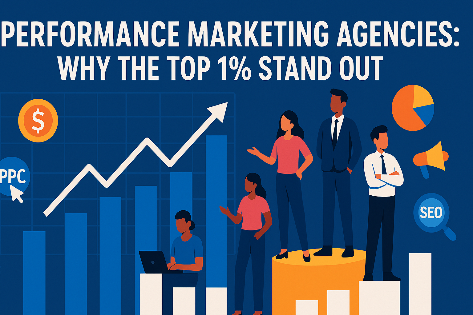 A flat-style digital illustration representing performance marketing. The image features a graph with an upward trend, accompanied by icons for PPC, SEO, and a dollar sign. In the center, a distinguished individual stands on a golden platform, symbolizing the top 1% of marketing agencies. Diverse professionals surround the scene, each representing different aspects of digital marketing