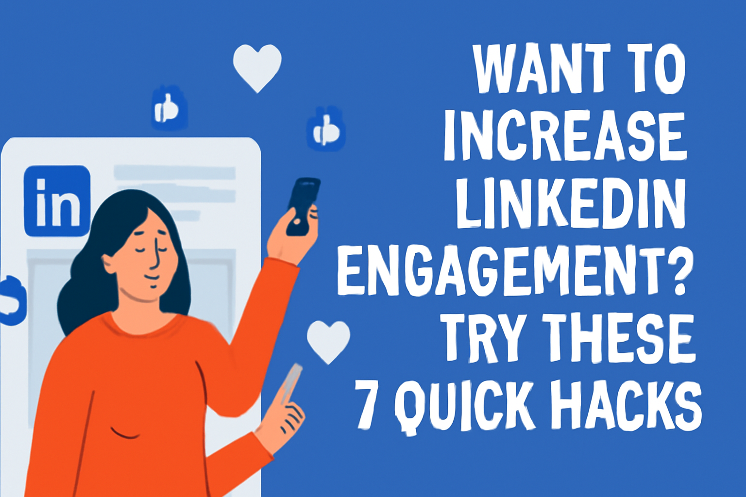 Illustration for a blog post on increasing LinkedIn engagement, featuring a woman in an orange-red shirt holding a smartphone, with heart and thumbs-up icons around her. The text 'WANT TO INCREASE LINKEDIN ENGAGEMENT? TRY THESE 7 QUICK HACKS' is displayed in bold white letters on a vibrant blue background.
