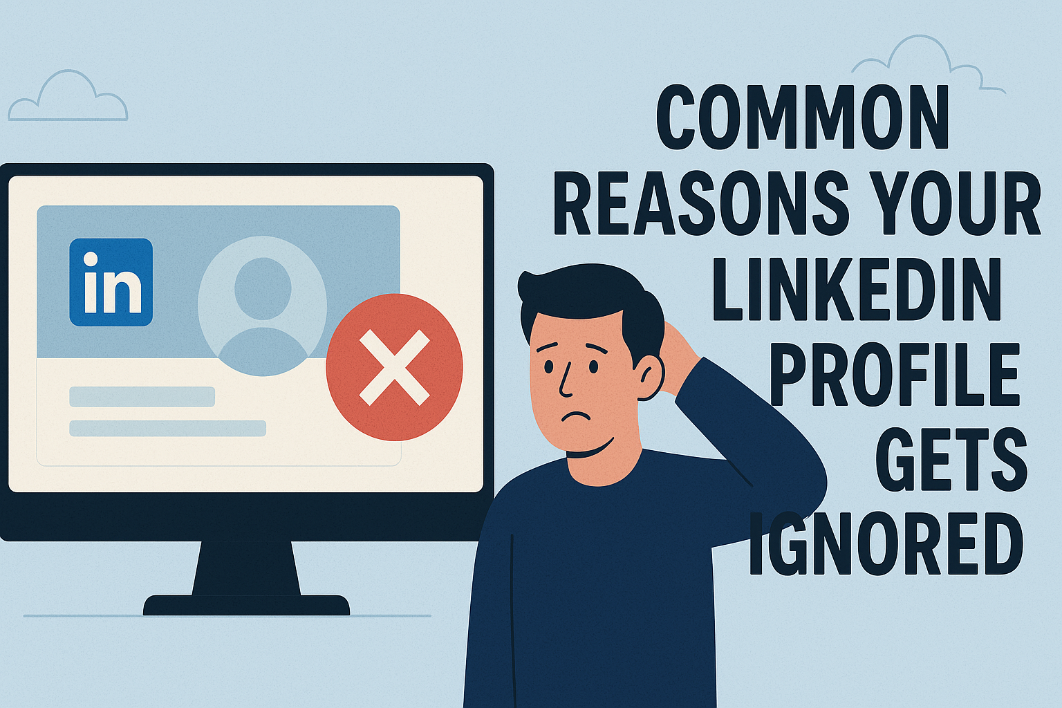 Illustration of a concerned man standing next to a computer screen displaying an incomplete LinkedIn profile marked with a large red "X." On the right side of the image, bold text reads: "Common Reasons Your LinkedIn Profile Gets Ignored." The background is light blue with minimal cloud illustrations, suggesting confusion or frustration over being overlooked.