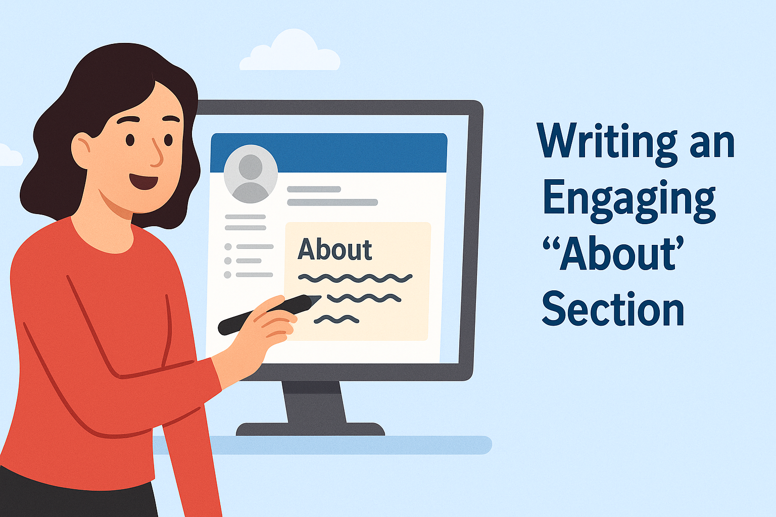 Illustration of a smiling woman in a red top holding a pen and pointing to a computer screen displaying the "About" section of a LinkedIn profile. The section includes placeholder text and is highlighted in beige. On the right side, bold text reads: "Writing an Engaging 'About' Section." The background is light blue with stylized clouds, conveying a clean and friendly tone.