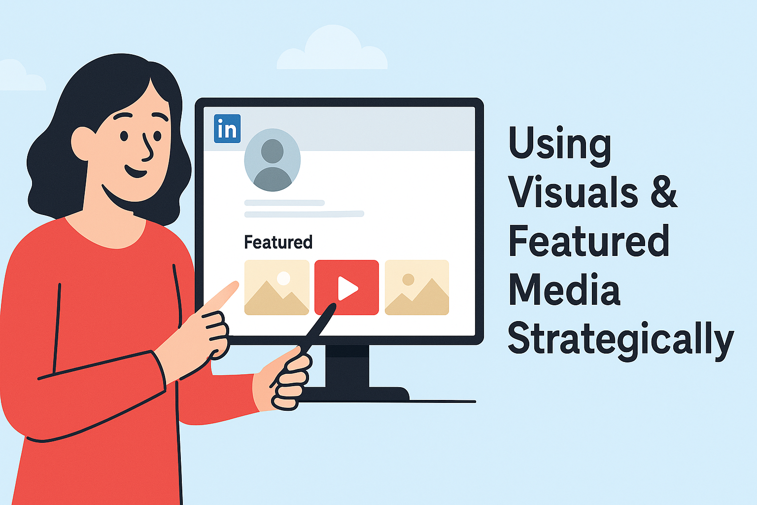 Illustration of a woman in a red shirt pointing at a computer screen displaying the "Featured" section of a LinkedIn profile. The section shows media thumbnails, including images and a video with a play button. To the right, bold text reads: "Using Visuals & Featured Media Strategically." The background is light blue with simple cloud graphics, emphasizing clarity and modern presentation.