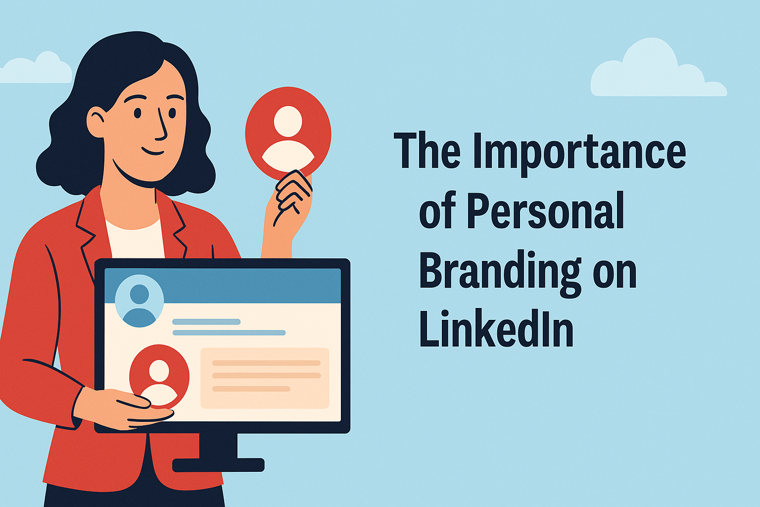 Illustration of a professional woman in a red blazer holding a red user icon and standing beside a computer screen displaying a LinkedIn profile with branding elements. On the right side, bold text reads: "The Importance of Personal Branding on LinkedIn." The background is light blue with soft cloud graphics, emphasizing a clean, professional atmosphere.