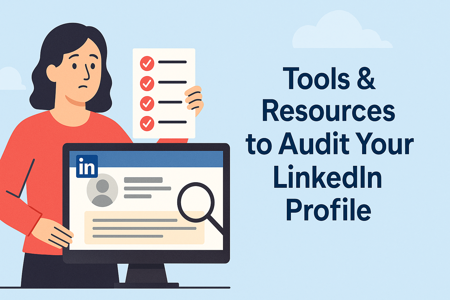 Illustration of a woman in a red shirt holding a checklist with red checkmarks next to a computer screen displaying a LinkedIn profile. A magnifying glass icon overlays the profile, symbolizing an audit or review process. On the right, bold text reads: "Tools & Resources to Audit Your LinkedIn Profile." The background is light blue with minimal cloud graphics, conveying a clean, professional feel.