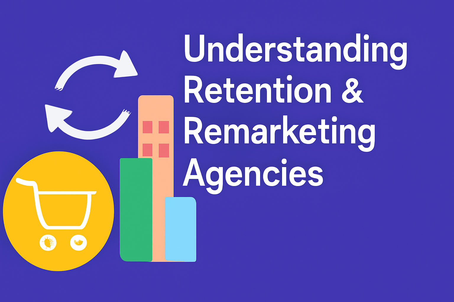 A digital illustration for the blog section titled "Understanding Retention & Remarketing Agencies." The image features the title in large white font on a purple background, aligned to the right. On the left, there is a yellow shopping cart icon, two curved arrows, a three-bar chart in different colors, and a building icon. The design uses minimalist graphics and a balanced color scheme of purple, yellow, and bright accents.