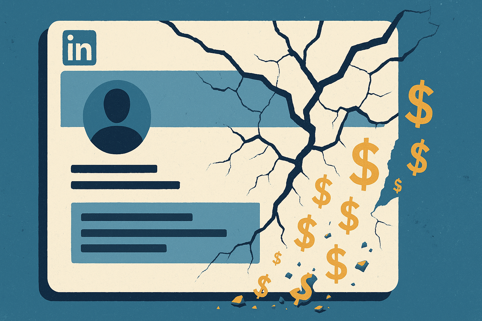 Illustration of a LinkedIn profile page with large cracks running through it, as golden dollar signs spill out from the fissures against a textured blue background.