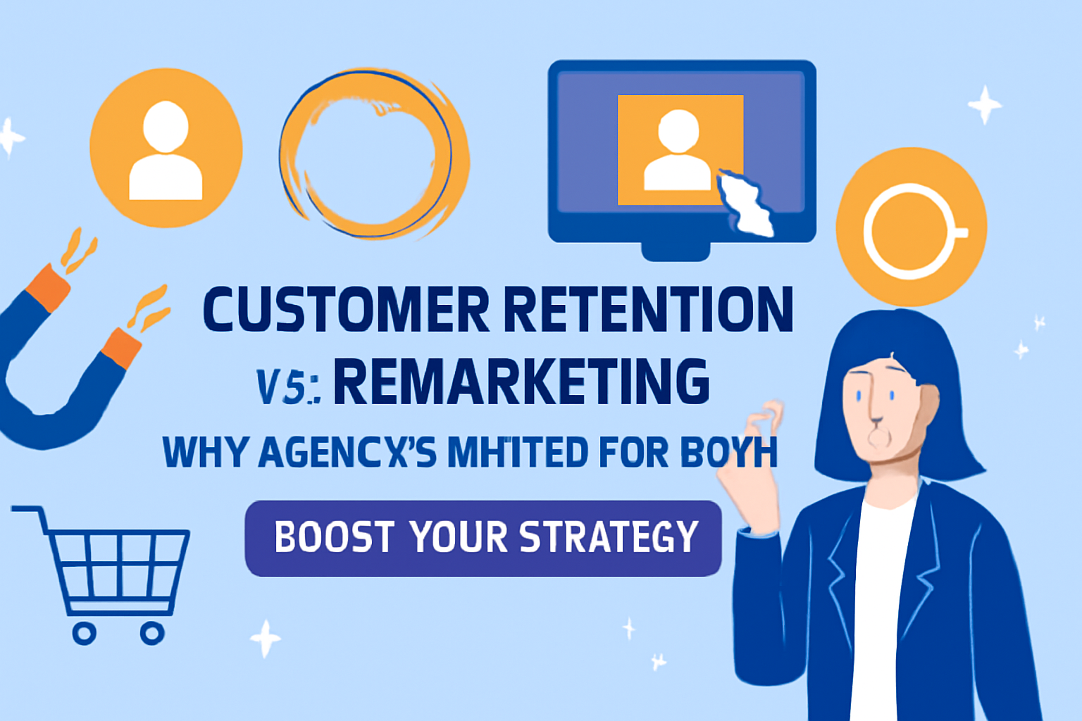 A 2D digital illustration featuring a banner for a blog post comparing 'Customer Retention vs. Remarketing' with the subtitle 'Boost Your Strategy.' The design includes a magnet symbolizing attraction, a businesswoman icon, and cheerful graphic accents in vibrant hues of blue, orange, purple, and white, conveying the importance of agencies in customer retention and remarketing strategies.