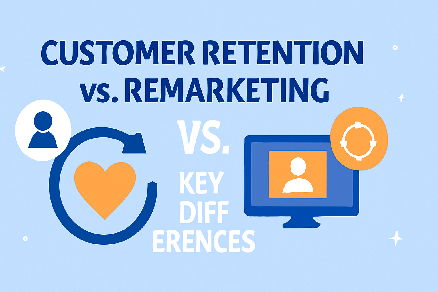 A 2D digital infographic titled 'Customer Retention vs. Remarketing: Key Differences' with a light blue background and vibrant orange and dark blue accents. On the left, an orange heart inside a circular arrow represents customer retention, while on the right, a computer monitor with a person icon symbolizes remarketing. The bold 'vs.' in the center highlights the contrast between the two concepts