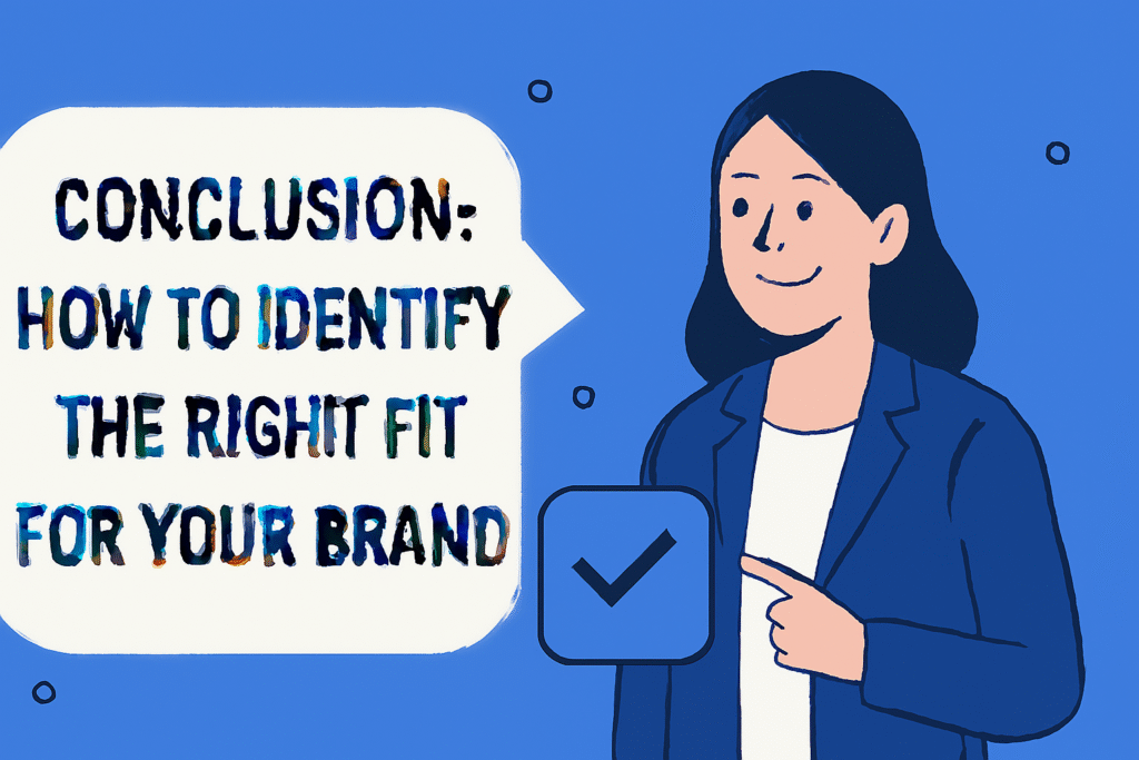 Flat-style digital illustration featuring a woman in a blue blazer pointing towards a blue checkmark inside a light blue square. On the left side, the title 'Conclusion: How to Identify the Right Fit for Your Brand' is displayed in bold, colorful text inside a white speech bubble. The background is a clean blue with minimal abstract design elements.