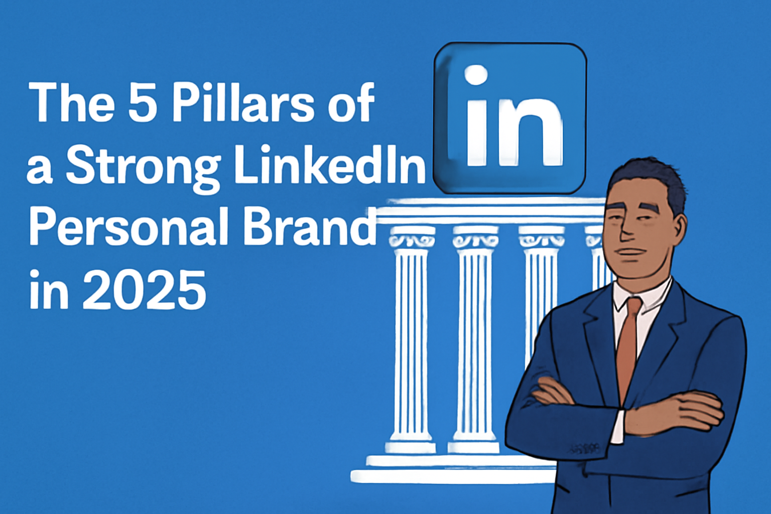 Illustration of a professional in a suit standing confidently next to five classical pillars, with the LinkedIn logo and the text 'The 5 Pillars of a Strong LinkedIn Personal Brand in 2025' on a blue background