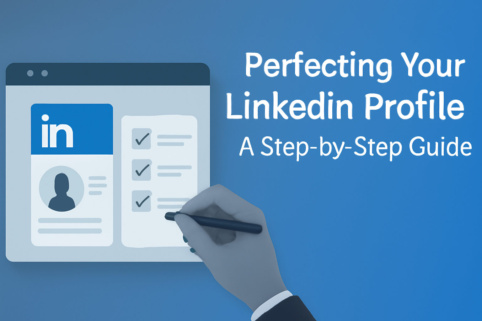 Professional digital design for the blog 'Perfecting Your LinkedIn Profile: A Step-by-Step Guide,' featuring a LinkedIn profile mockup on a computer screen with a checklist and pen, set against a blue background.