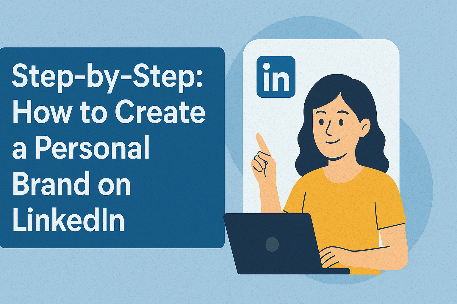Illustration of a woman sitting with a laptop and pointing upward, next to a LinkedIn profile interface, with the headline “Step-by-Step: How to Create a Personal Brand on LinkedIn” displayed on a blue background.