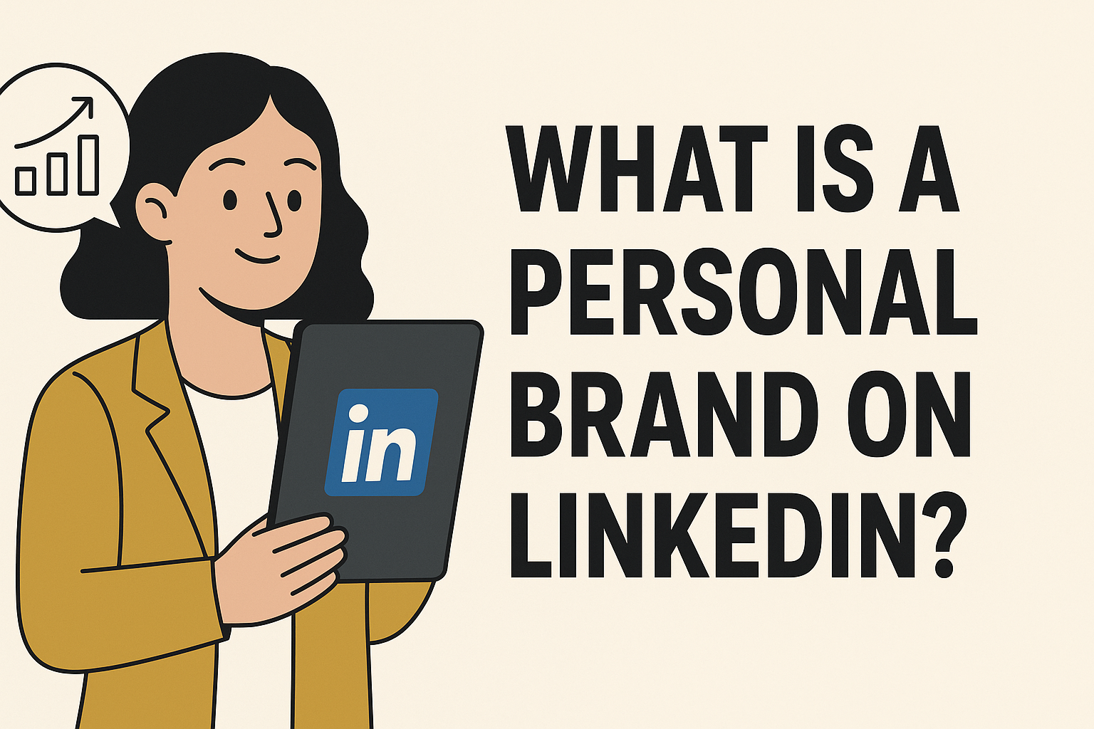 A digital illustration of a woman in a mustard-yellow blazer holding a tablet with the LinkedIn logo. Beside her, bold text asks, "WHAT IS A PERSONAL BRAND ON LINKEDIN?" with a simple beige background.