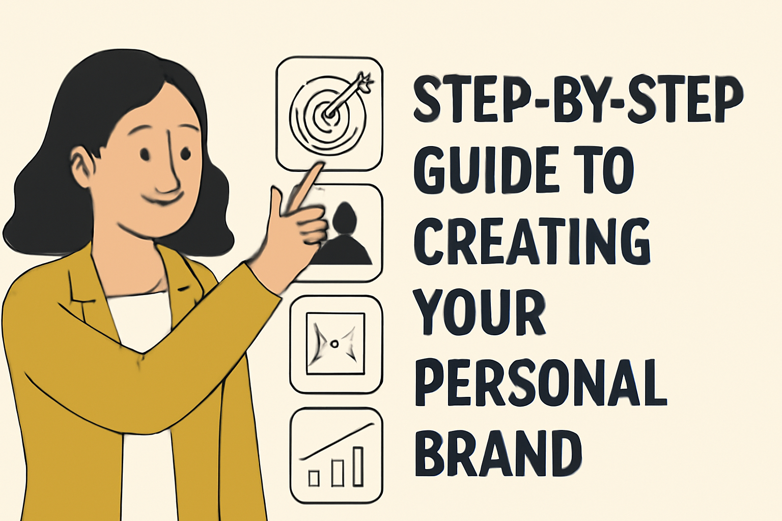 A digital illustration of a woman in a mustard-yellow blazer, pointing to a grid of icons, including a target symbol, beside the bold text, "STEP-BY-STEP GUIDE TO CREATING YOUR PERSONAL BRAND." The background is beige, and the overall design is modern and clean.
A digital illustration of a woman in a mustard-yellow blazer, pointing to a grid of icons, including a target symbol, beside the bold text, "STEP-BY-STEP GUIDE TO CREATING YOUR PERSONAL BRAND." The background is beige, and the overall design is modern and clean.