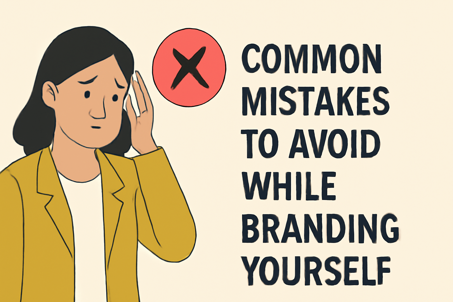 A digital illustration of a woman in a mustard-yellow blazer, appearing thoughtful and concerned, with her hand to her temple. Beside her, bold text reads, "COMMON MISTAKES TO AVOID WHILE BRANDING YOURSELF," with a red "X" symbol on a warm beige background.
