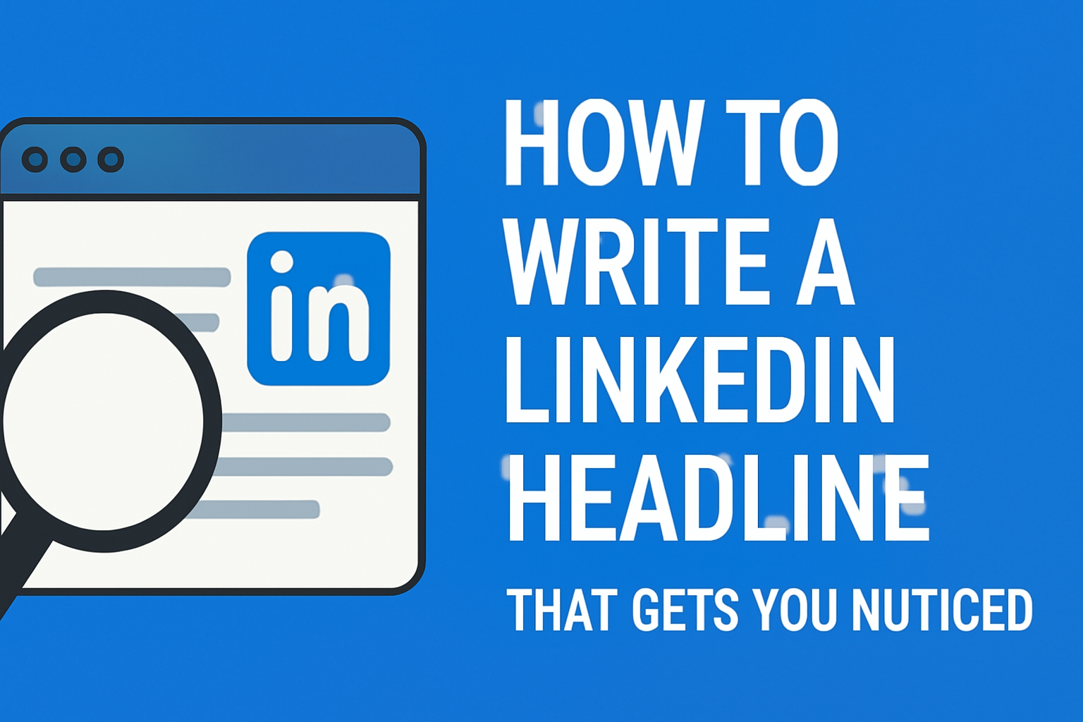 A tutorial graphic on writing a standout LinkedIn headline, featuring bold white text against a blue background. The image includes a magnifying glass focusing on a LinkedIn page with a logo, emphasizing the headline's importance.